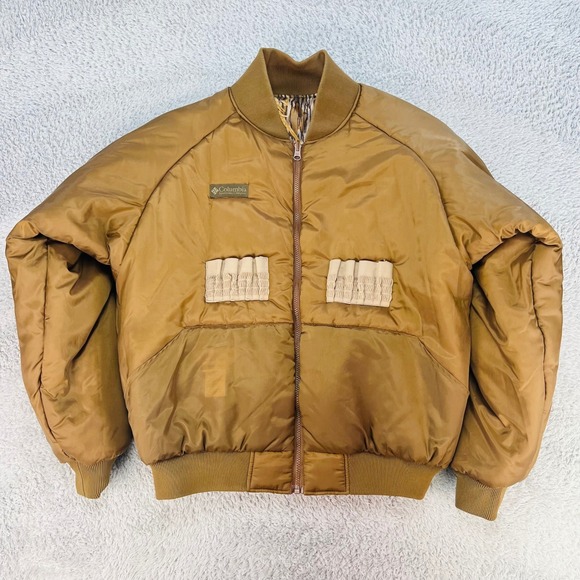 Columbia Jacket Mens Large Reversible Camo Duck Hunting Bomber Brown Nylon Down - Picture 3 of 11